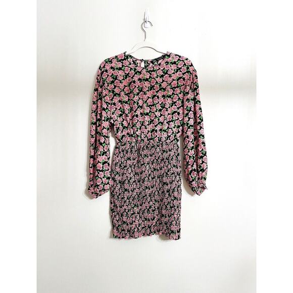 Zara‎ Pink Roses on Black Floral Mini Dress Smocked Skirt Puffy Long Sleeves XS - Picture 1 of 8